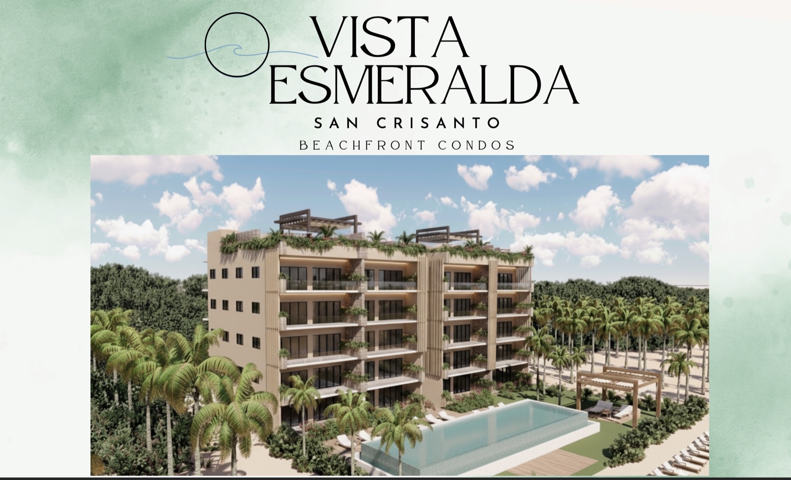 Vista Esmeralda beachfront condo building render with pool